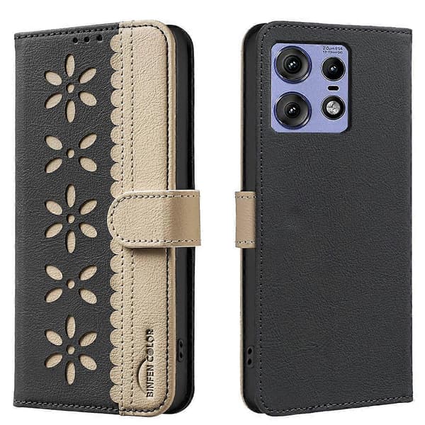 Leather Floral Pattern Case for Motorola Edge 50 Pro 5G, Wallet Stand (Black)