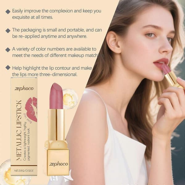 Zephoco Rose Red Metallic Cream Lipstick Has A Light Texture, Is Moisturizing And Easy To Apply, Creating A Shiny Lip Look