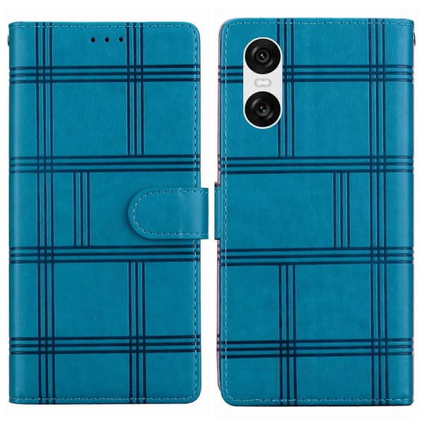 Embossed Plaid Leather Phone Case (Blue, For Sony Xperia 10 VI)
