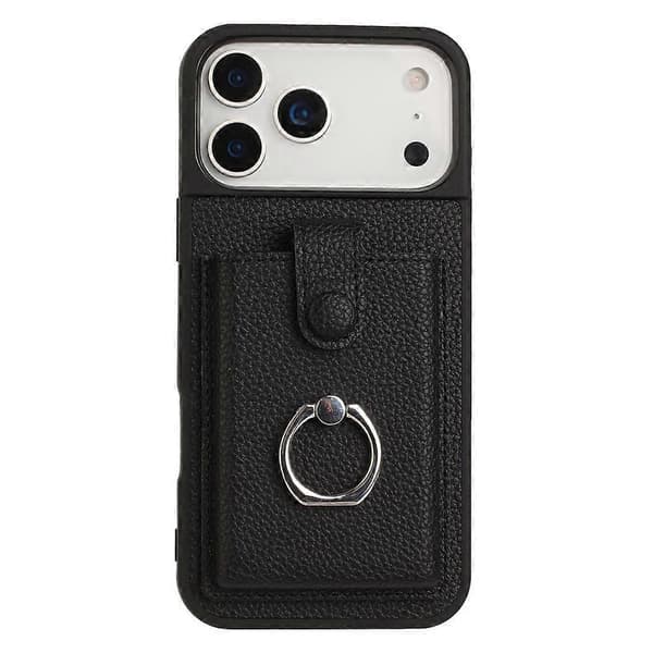 Kompatibelt etui til iPhone 17 Pro Max med ringstativ, harmonikakortlomme og læderbagside (Sort)