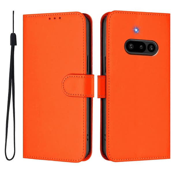 For Nothing Phone (3a) Case Solid Color Leather Wallet Case with Strap (Orange)