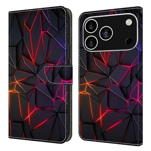 For iPhone 17 Pro Max Case with Card Slot Pattern Printed TPU + PU Leather Flip Phone Case - Red Cr (Red Cracks)