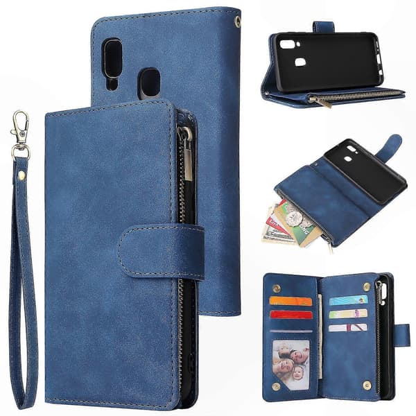 Magnetic PU Leather Case with Zipper Pocket and Card Slots for Galaxy A20e (Blue)