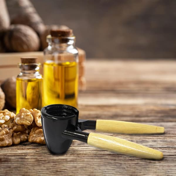 Nutcracker with Wooden Handle, Comfortable Grip for Walnuts, Hazelnuts, Bottle Opener, Black
