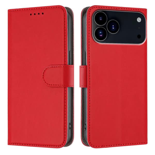 Compatible Solid Color Leather Wallet Case for iPhone 17 Pro (Red)
