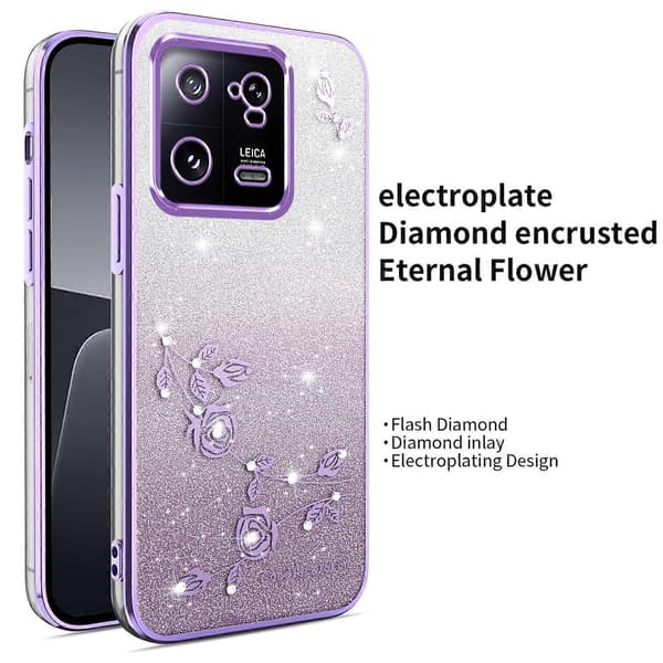 Deksel til Xiaomi 13 Pro 5G Sommerfugl Stativ TPU Blomster Glitter Mobildeksel (Lilla)