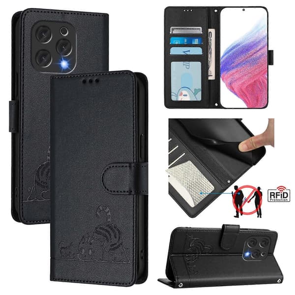 Cat Mouse Embossed Pattern RFID Leather Phone Case with Lanyard (For Doogee N55 Plus)