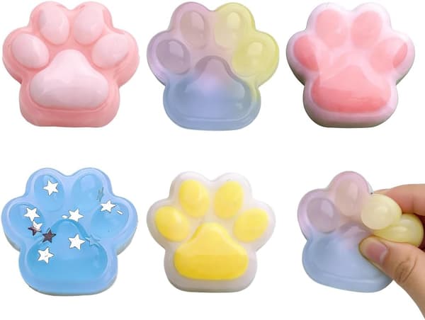 5 stk. mini-squishy-sæt med kattepotedesign – 3,5 cm bløde klemmelegetøj med ophængskæde – sensorisk anti-stresslegetøj til børn og voksne rosa, vit, blå, gul, färgglad