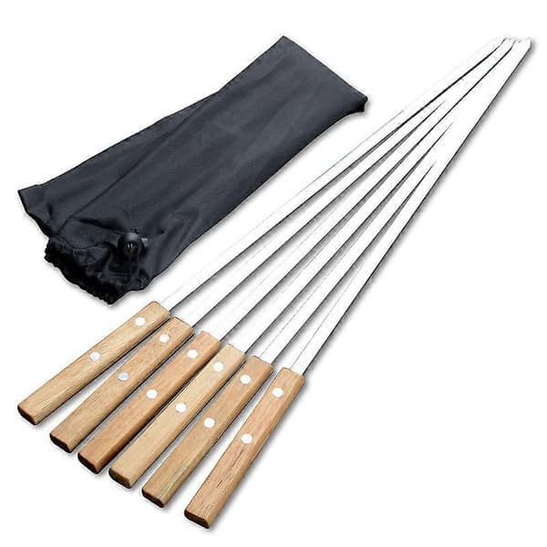 6 stk. BBQ-spyd, ekstra lange 60 cm spyd i rustfritt stål med solid eikehåndtak_Spesielle gaver