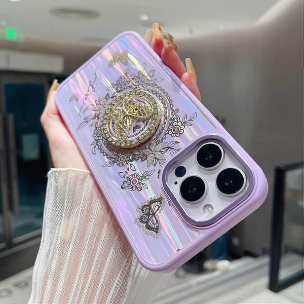 Case for iPhone 16 Pro Max Aurora Butterfly Pattern TPU+PC Phone Back Cover with Stand (Purple)