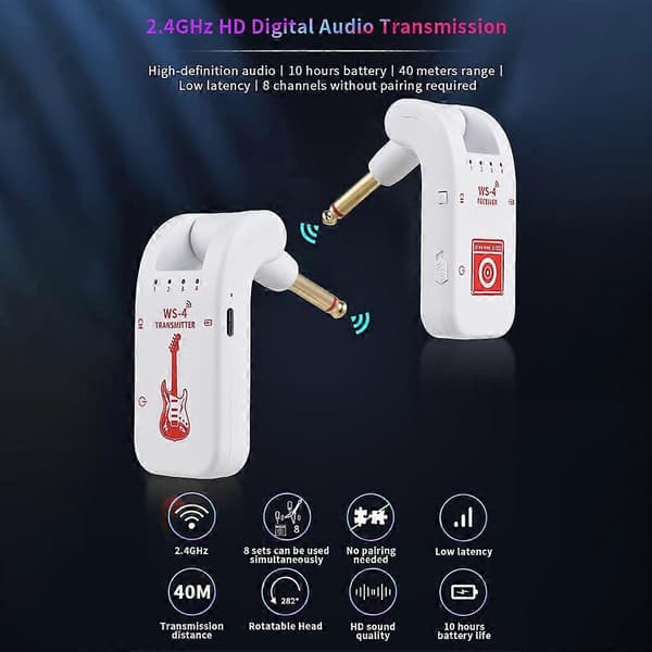 2.4G trådløst gitarsystem oppladbart gitar sender-mottaker sett for elektrisk gitar bass
