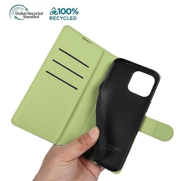 Stand Case for iPhone 15 Pro, Bio-based Eco-friendly RPET RPVB Slim Phone Case with Wallet (Light Green)