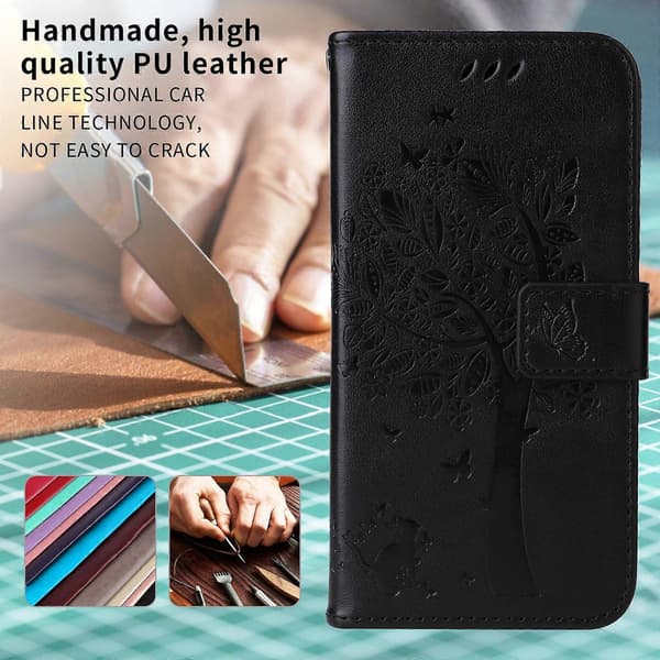 Cat Tree Pattern Leather Wallet Phone Case For Samsung Galaxy A36 5G, with Stand (Black)