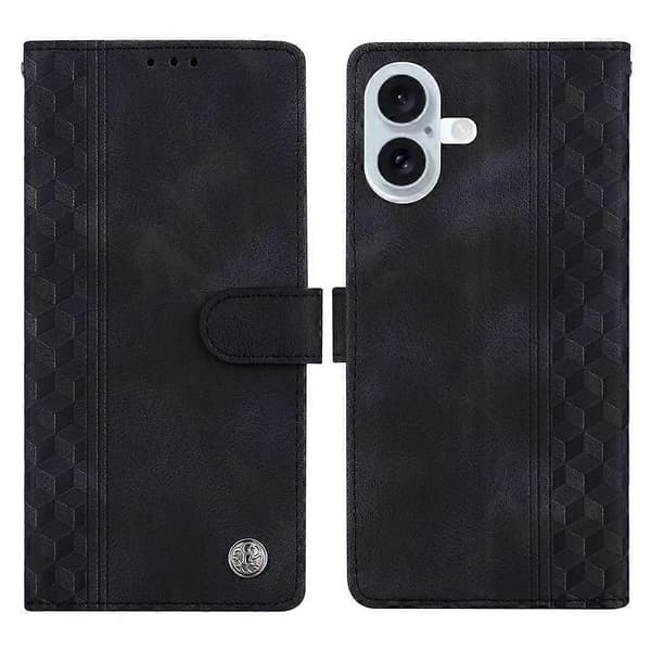 Compatible Leather Case for iPhone 17, Embossed Checkered Pattern, Wallet Stand, Flip Phone Case (Black)