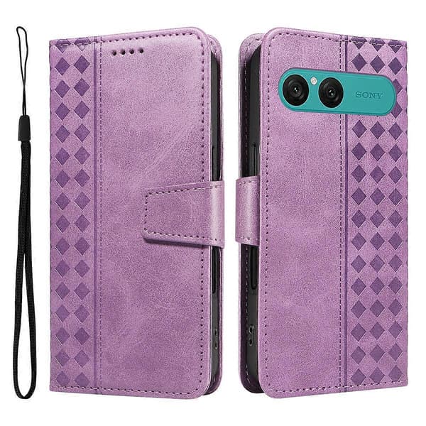 Compatible for Sony Xperia 10 VII Leather Case Wallet Stand Grid Pattern Phone Cover with Strap (Light Purple)