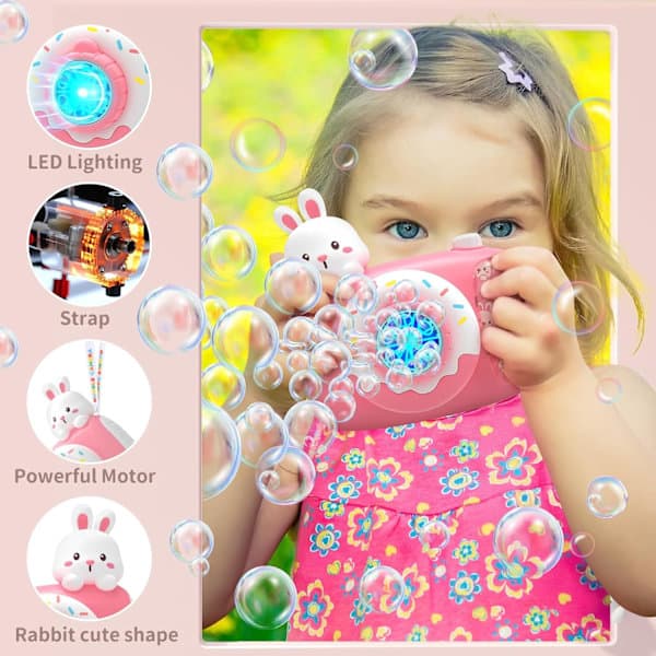 Eagle Stone Easter Bunny Bubble Machine, Kids Camera Bubble Machine, Automatic Bubble Machine with Light, Strap, 2 Bubble Waters Pink_Super Gift