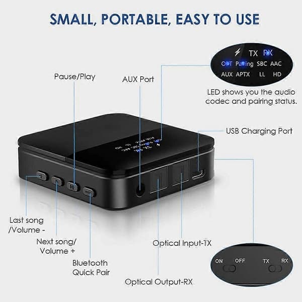 HD Bluetooth 5.0-sender, lydadapter for 2 hodetelefoner