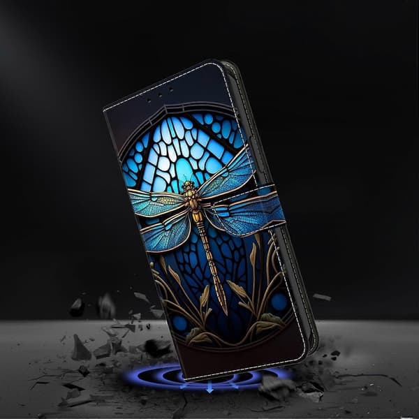 For iPhone 17 Pro Max Case with Card Slot Pattern Printed TPU + PU Leather Flip Phone Case - Blue D (Blue Dragonfly)
