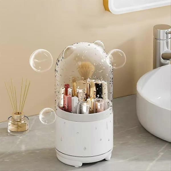 360-degree Rotating Makeup Brush Holder with Dustproof Lid, White