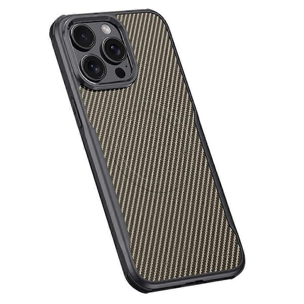 Case for iPhone 15 Pro Compatible with MagSafe Carbon Fiber Texture Leather Coated PC+Silicone Protective Case (Desert Gold)