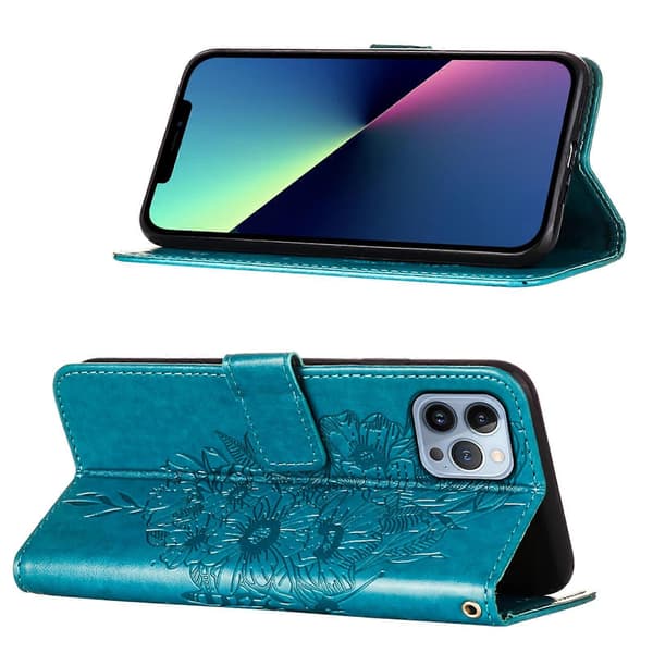 Præget sommerfugl læder telefoncover (til iPhone 15 Pro)