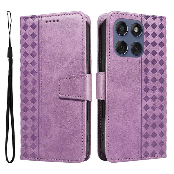 Leather Case with Wallet Stand and Grid Pattern for Motorola Edge 60 Fusion 5G with Strap (Light Purple)