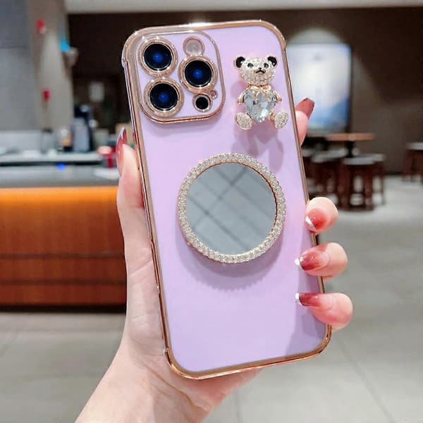 Case for iPhone 16 Pro, Love Heart Pattern, Electroplated TPU Phone Case with Small Bear and Mirror (Lavender Purple)