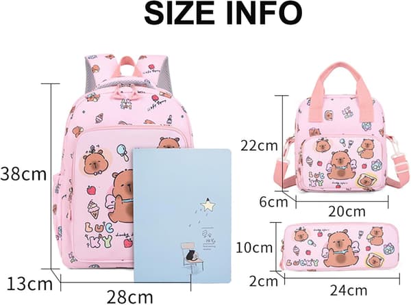 Elementary School Backpack, 3-Piece Set with Lightweight Cute Cartoon Capybara Youth School Backpack, Kids Backpack (Pink)