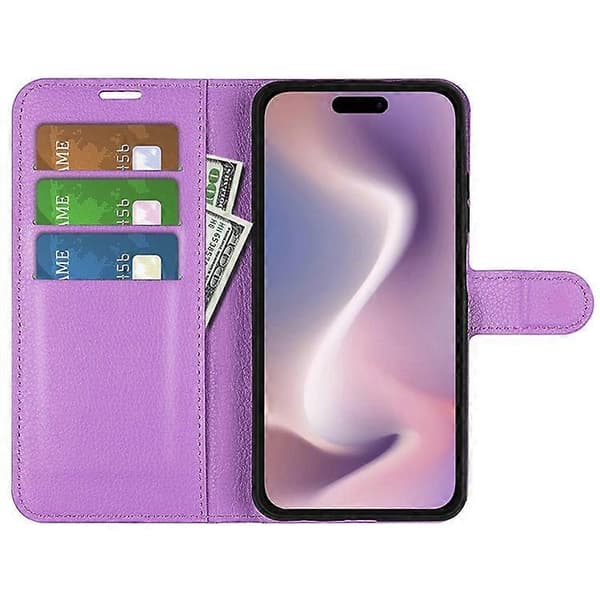 Compatible for iPhone 16 Pro Max Wallet Case Litchi Texture Phone Leather Case (Purple)