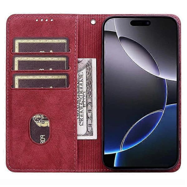 Fodral för iPhone 14 Pro, linjemönstrat plånboksfodral i läder med rem (Röd)