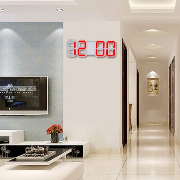 3D LED Digital Wall Clock, Bedroom Office Alarm Clock, Home Decor, White Case (Red)