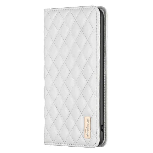 Magnetisk diamantmønstret skinnveske (hvit, for iPhone 17 Pro)