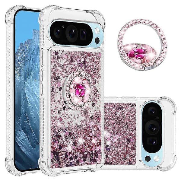 TPU-deksel med stativ og kvikksandeffekt for Google Pixel 10 Pro (Rosegull/Hjerter)