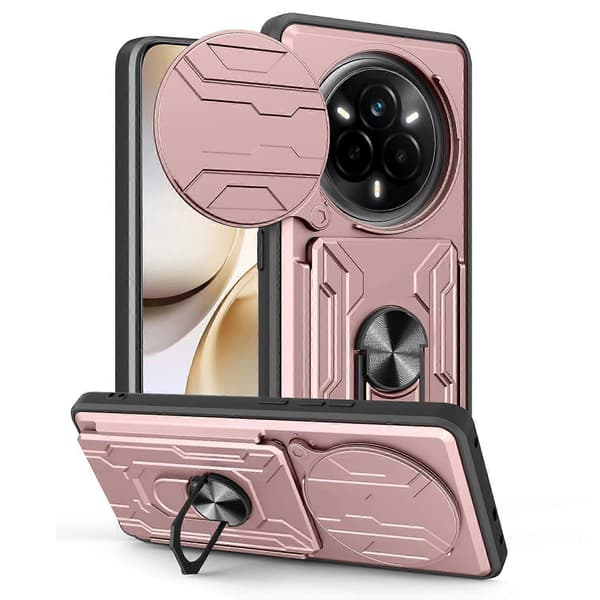 Deksler til Realme 14 Pro 5G PC + TPU Stativ Telefon Bakdeksel med Kamerabeskyttelse (Rosegull)