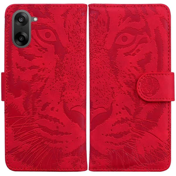 Tiger Embossing Pattern Flip Leather Phone Case (Red, For OnePlus Ace 5 Racing / Nord CE5)