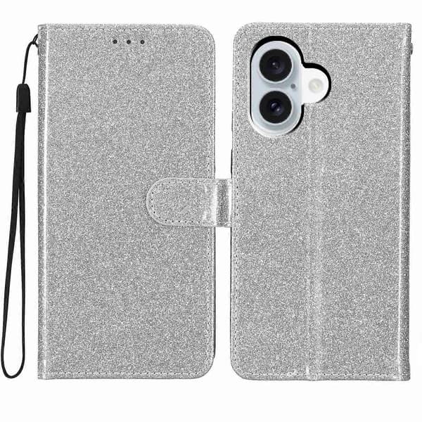 Glitter Wallet Case for iPhone 17, Scratch-Resistant Leather, Stand, Phone Case with Strap (Silver)