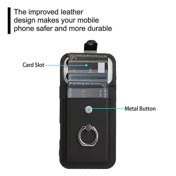 Kompatibelt etui til iPhone 17 Pro Max med ringstativ, kortlomme med trækfunktion, læderbagside (rosaguld)