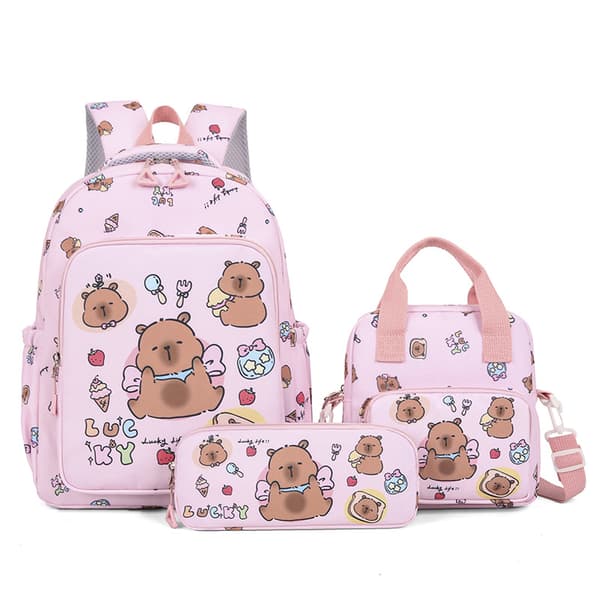 Elementary School Backpack, 3-Piece Set with Lightweight Cute Cartoon Capybara Youth School Backpack, Kids Backpack (Pink)