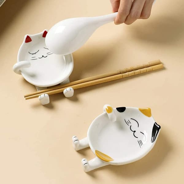 Cat Shaped Ceramic Spoon Rest, Suitable for Kitchen Counters (Yellow).
