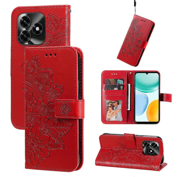 Compatible for Honor X5c Plus Case Flower Pattern PU Leather Wallet Stand Phone Cover (Red)