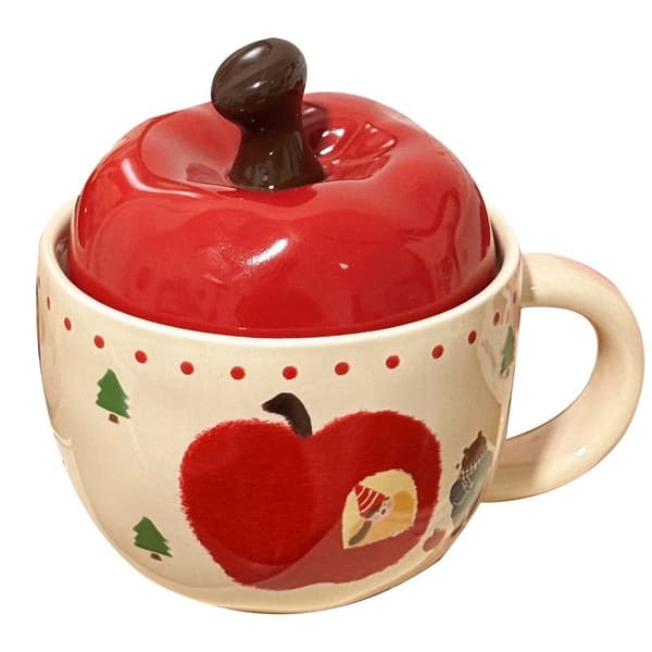 Söt mugg, presentförpackning, äppelformad kaffemugg med lock, keramisk kaffe-/temugg