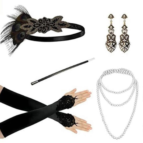 5 stk. sæt med 1920'er Flapper tilbehørssæt til kvinder Retro Gatsby kostume tilbehør B