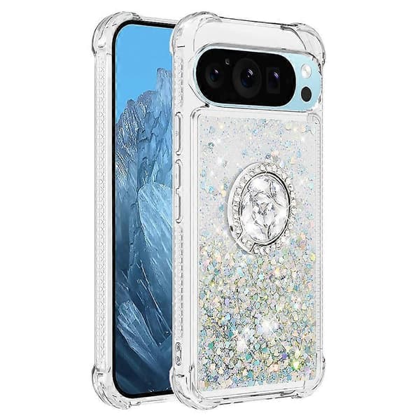 For Google Pixel 10 Pro TPU-deksel med stativ Quicksand Støtsikkert beskyttelse - Sølv/Hjerter (Sølv/Hjerter)