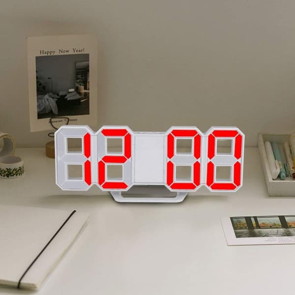 3D LED Digital Wall Clock, Bedroom Office Alarm Clock, Home Decor, White Case (Red)