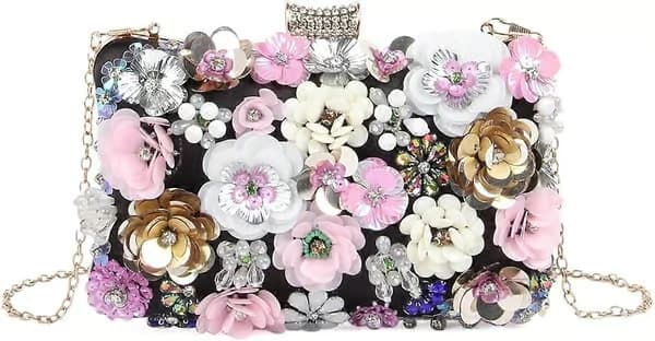 Kvinders Elegance Blomstret Aftentaske Clutch Tasker Blomster Perler Bryllupstasker Brude Skuldertasker Håndtasker (Sort)