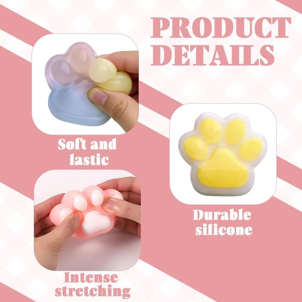 5 stk. mini-squishy-sæt med kattepotedesign – 3,5 cm bløde klemmelegetøj med ophængskæde – sensorisk anti-stresslegetøj til børn og voksne rosa, vit, blå, gul, färgglad