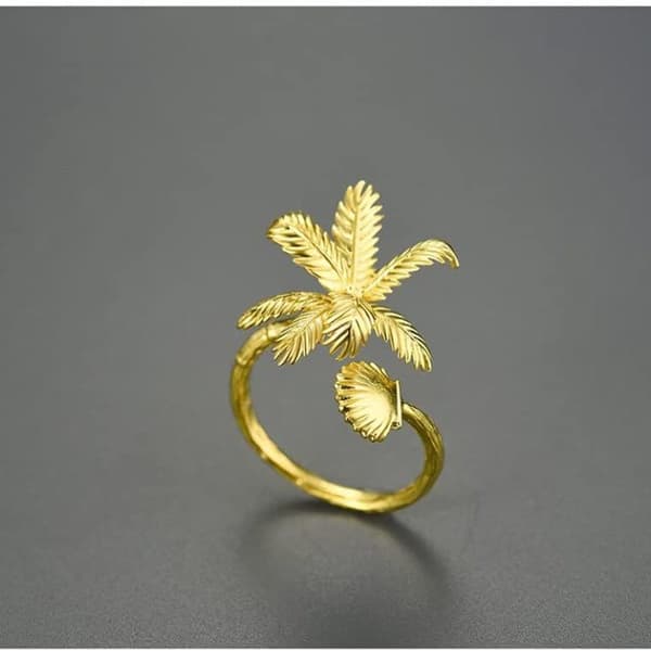 Adjustable ring, gold ring with coconut palm and shells_Special Gift