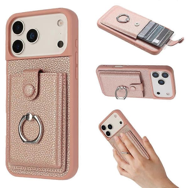 Kompatibelt etui til iPhone 17 Pro Max med ringstativ, kortlomme med trækfunktion, læderbagside (rosaguld)