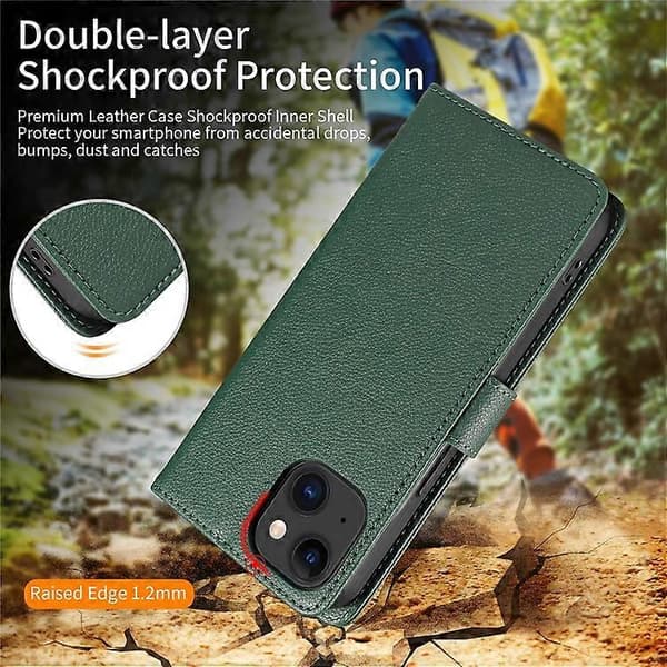 Compatible Leather Case for iPhone 15, Litchi Texture, RFID Wallet Stand, Phone Cover (Green)