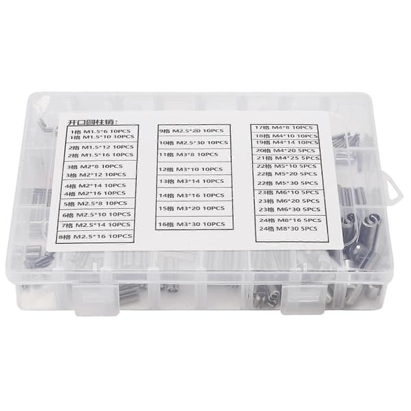 280 stk. fjedersplit i rustfrit stål, spændingselastisk cylindrisk splitstift sæt M1.5 M2 M2.5 M3 M5 M6 Silver
